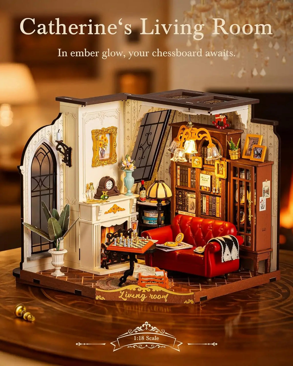 Robotime Rolife Catherine's Living Room DIY Miniature House Kit Wooden Dollhouse Model Building Kit With LED and Furniture DG175